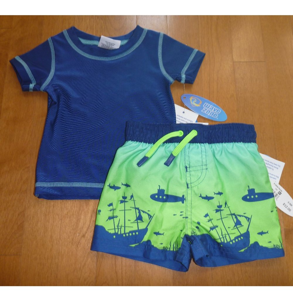 Baby Wave Zone RASH GUARD Top & Swim Trunks Set Size 6/9 mo NWT  Boats Sub Ship